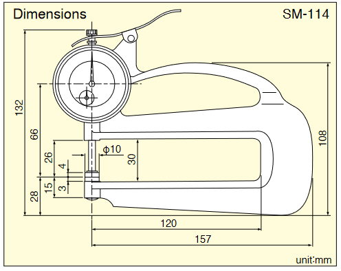 Đồng hồ đo độ dày loại hiển thị cơ 0-10mm/0.01mm, 120 throat SM-114 Teclock Đồng hồ đo độ dày loại hiển thị cơ 0-10mm/0.01mm, 120 throat SM-114 Teclock